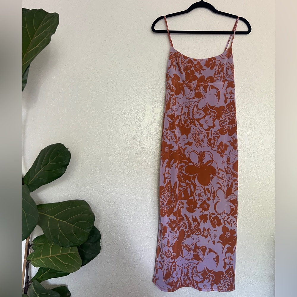 WAYF Tropical Floral Slip Dress Orange Pink Midi Size S